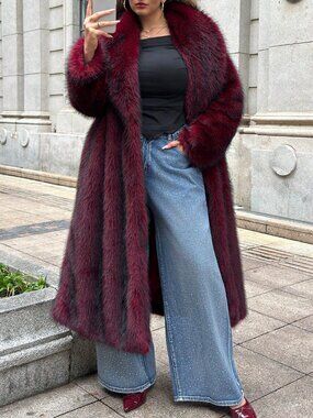 Burgundy Loose Women's Shawl Collared Belted Faux Fur Jacket